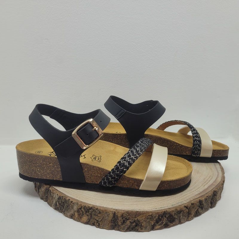 Nu-pieds avec 2 bandes / tresse noire et or Arima