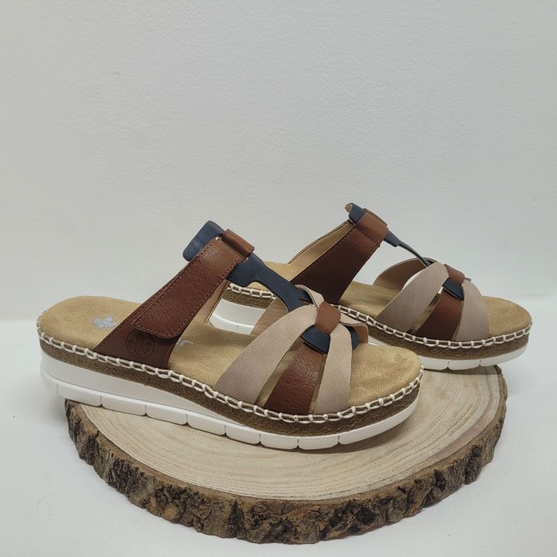 Mule avec trois bandes beige, camel et bleu foncé Rieker