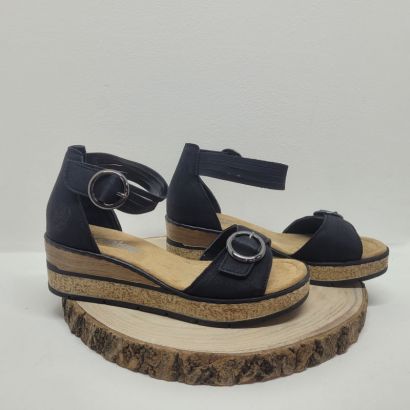 Nu-pied compensé noir avec deux boucles Rieker