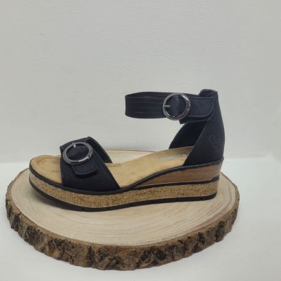 Nu-pied compensé noir avec deux boucles Rieker