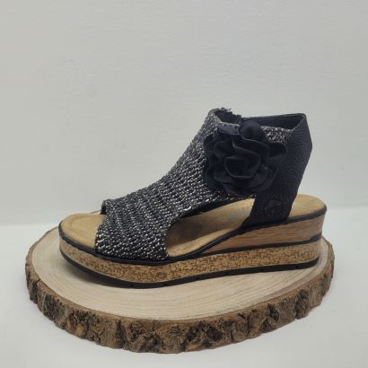 Nu-pied compensé noir avec fleurs Rieker