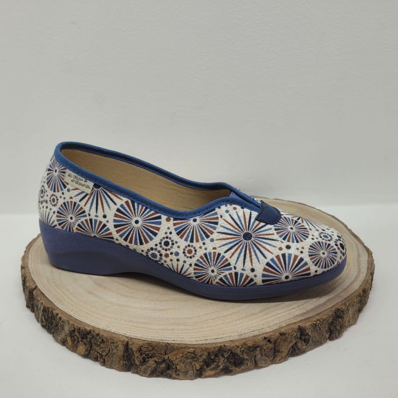 Pantoufle élastique central bleu et beige avec motif Maison de l'espadrille
