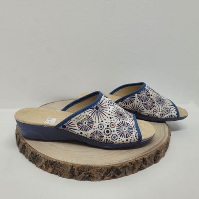Mule bout ouvert beige et bleu imprimé avec motifs Maison de l'espadrille