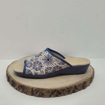 Mule bout ouvert beige et bleu imprimé avec motifs Maison de l'espadrille