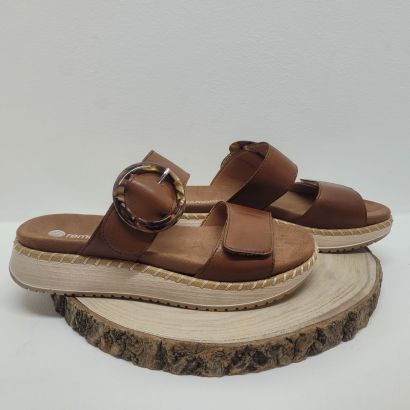 Mule marron compensée deux velcros boucle ronde ambre semelle blanche Remonte 