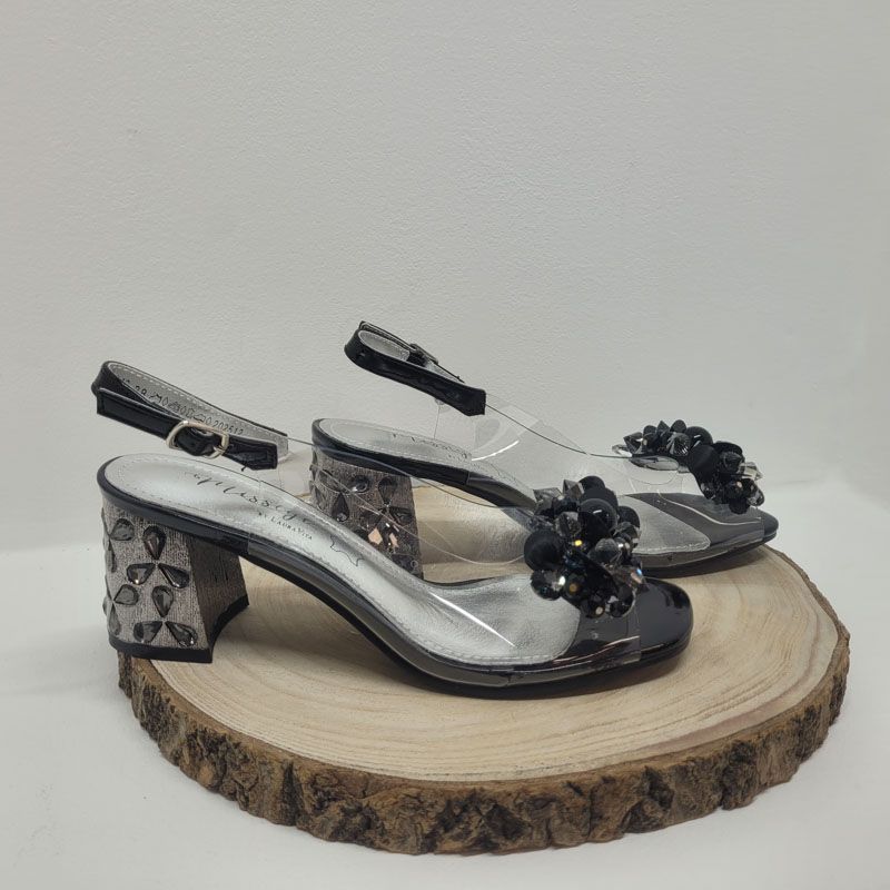 Nu-pieds à talon transparent et noir fleuris Laura Vita