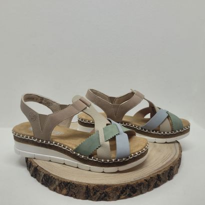 Nu-pied plate avec plusieurs brides colorés vert, bleu et rosé Rieker