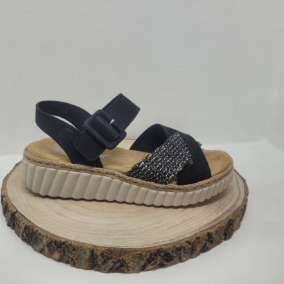 Mule plate noire avec deux brides croisées et effet paille un velcro Rieker