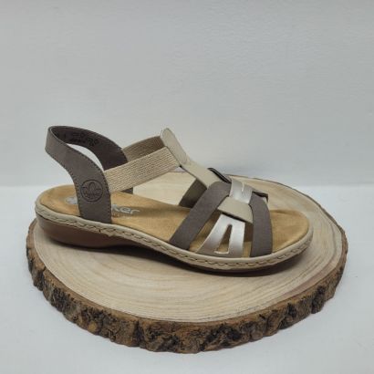 Nu-pied plat avec des brides élastiques taupe, beige et doré Rieker