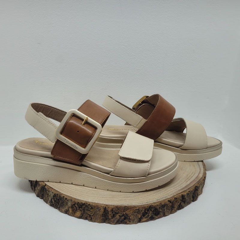 Nu-pieds plat marron et beige avec deux velcros Jana