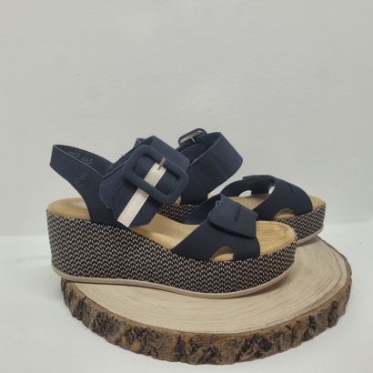 Nu-pieds compensé avec deux boucles à velcros Bleu marine semelle bleu Rieker