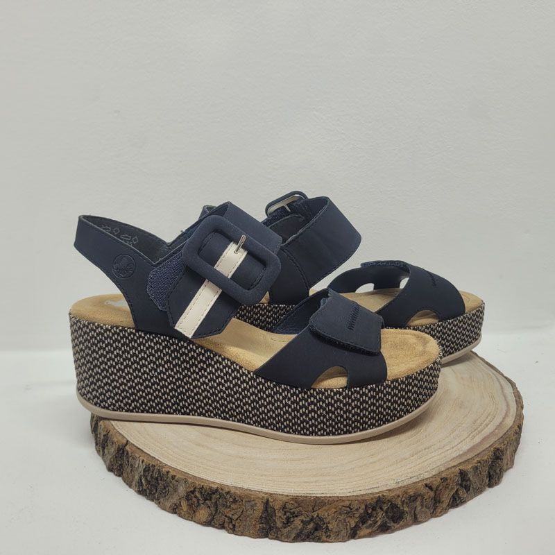 Nu-pieds compensé avec deux boucles à velcros Bleu marine semelle bleu Rieker