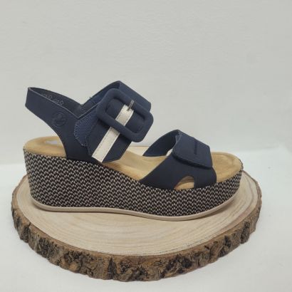 Nu-pieds compensé avec deux boucles à velcros Bleu marine semelle bleu Rieker