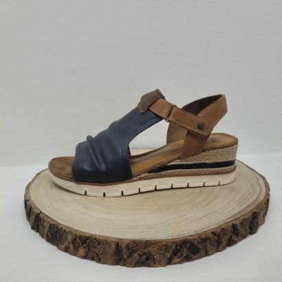 Nu-pieds compensé marron et bleu foncé avec un velcro Mustang