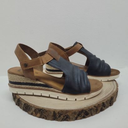 Nu-pieds compensé marron et bleu foncé avec un velcro Mustang