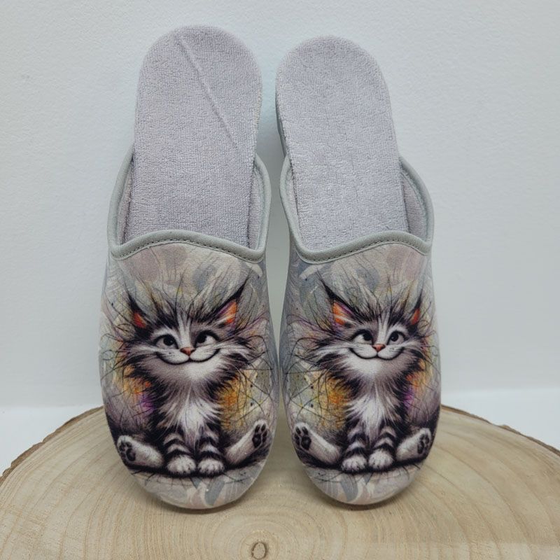 Mule grise avec motif chat Maison de l'espadrille