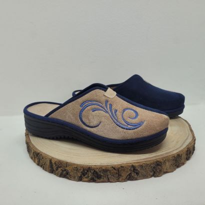 Mule compensée beige et bleu avec arabesque Maison de l'espadrille