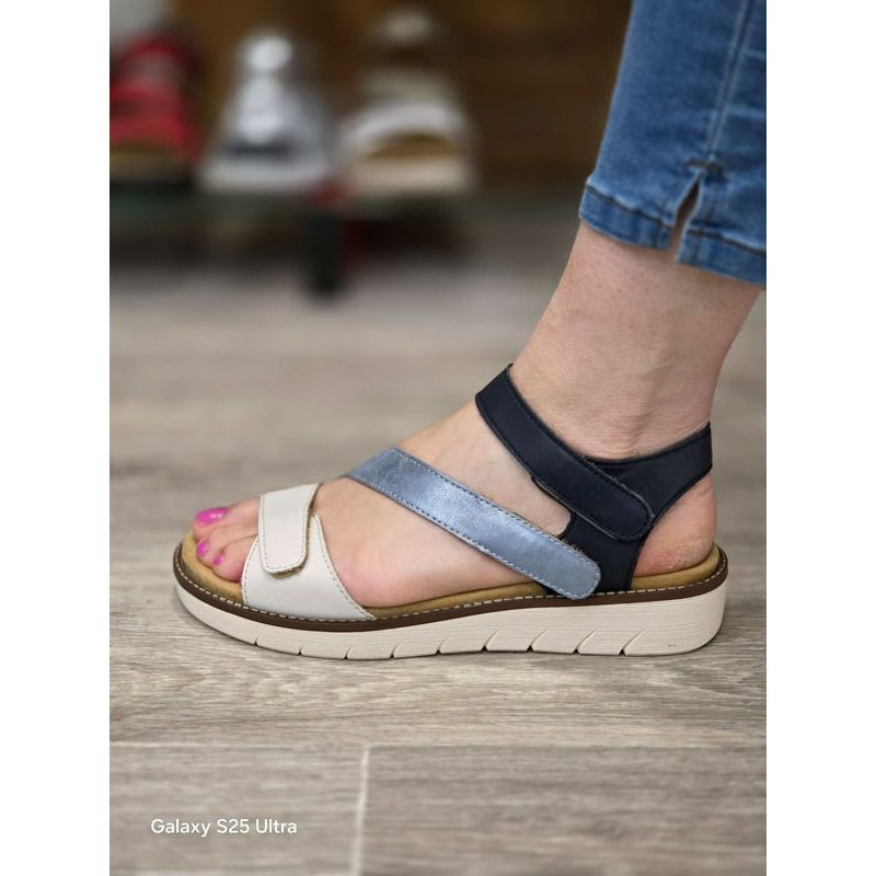 Nu - pied trois velcros léger compensée noir blanc et bleu semelle blanche Remonte