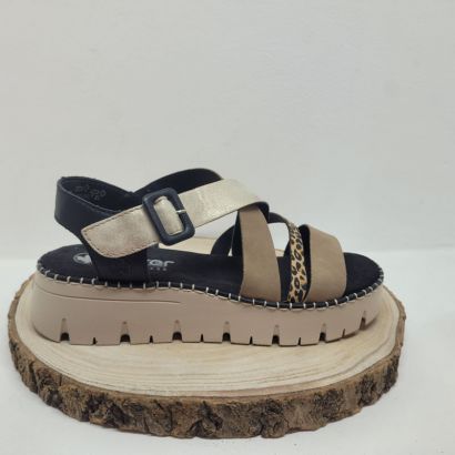 Nu-pied plat avec brides croisées noir / taupe/or Léopard Rieker