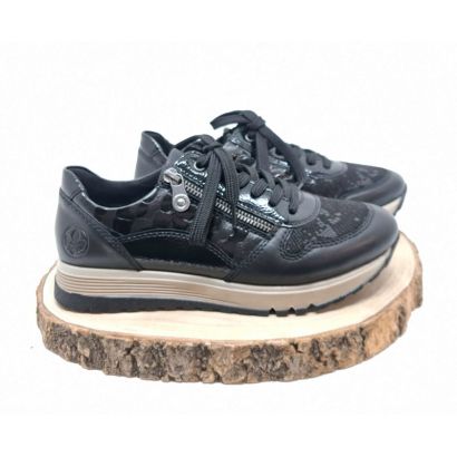 Basket Noir plate à lacets zip imprimé reptil sur le côté semelle Beige Rieker