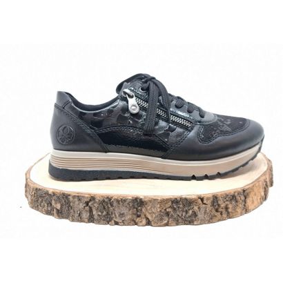 Basket Noir plate à lacets zip imprimé reptil sur le côté semelle Beige Rieker
