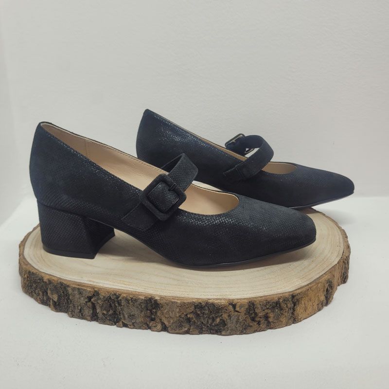 Ballerine à bride noir talon décroché boucle carrée Caprice 