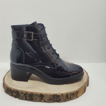 Bottine noir vernis talon décroché à lacets et zip boucle fantaisie Fluchos