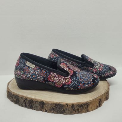 Pantoufle compensée 2 élastiques noir avec impressions colorés Maison de l'espadrille 
