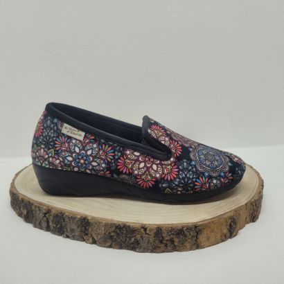 Pantoufle compensée 2 élastiques noir avec impressions colorés Maison de l'espadrille 