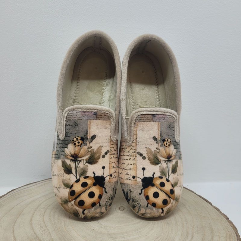 Pantoufle compensée beige avec 2 élastiques et coccinelle Maison de l'espadrille 