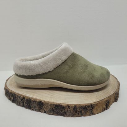 Mûle plate kaki avec col fourrure Maison de l'espadrille 