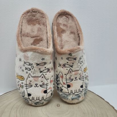 Mûle beige "poilu" avec chat et poissons Maison de l'espadrille