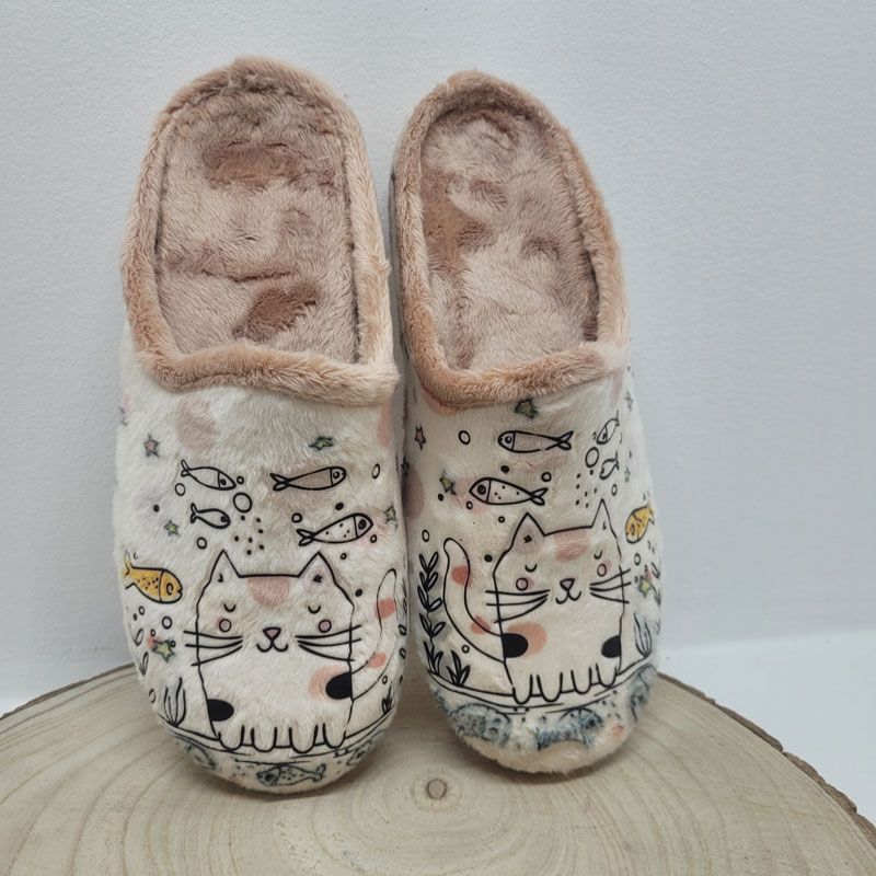 Mûle beige "poilu" avec chat et poissons Maison de l'espadrille