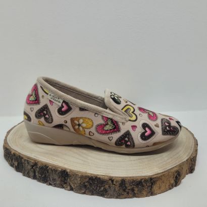 Pantoufle compensée 2 élastiques beige avec coeur multicolore Maison de l'espadrille 