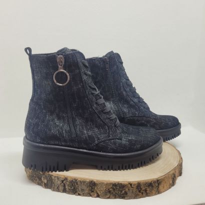 Bottine noir à lacets avec zip et motifs fantaisie Waldlaufer