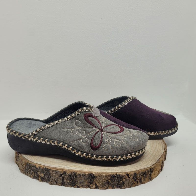 Mule compensée grise-prune avec fleurs brodées Maison de l'espadrille