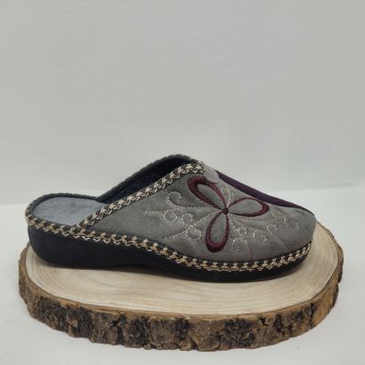 Mule compensée grise-prune avec fleurs brodées Maison de l'espadrille