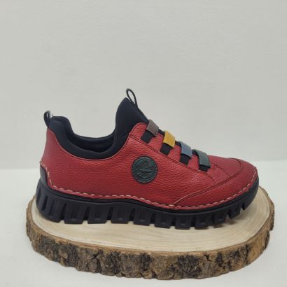 Basket plate rouge lacet élastique rouge jaune et bleu Rieker 