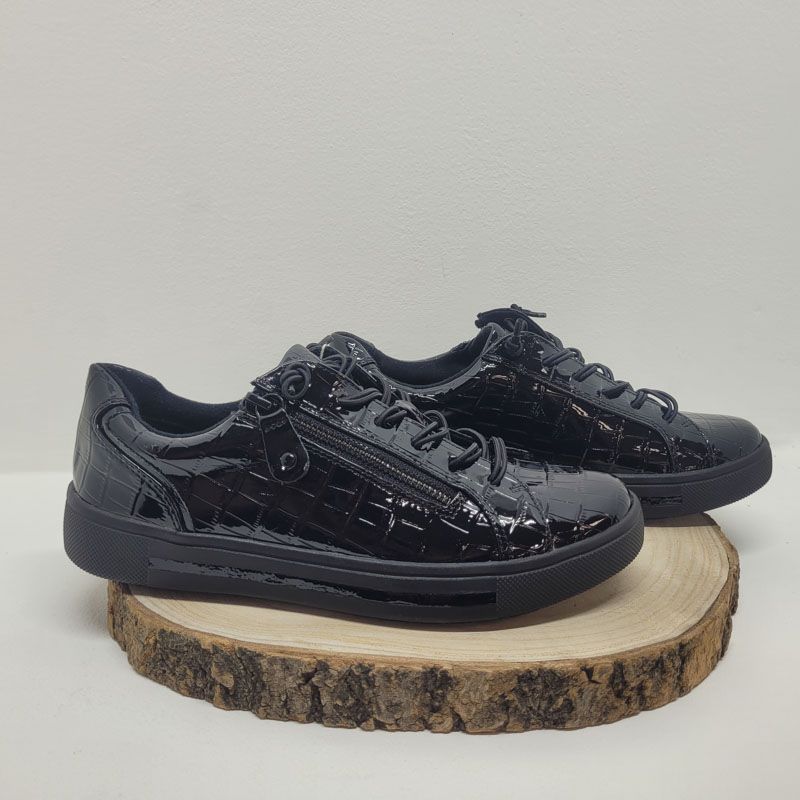 Basket plate noir vernis croco zip et lacet semelle noir Jana
