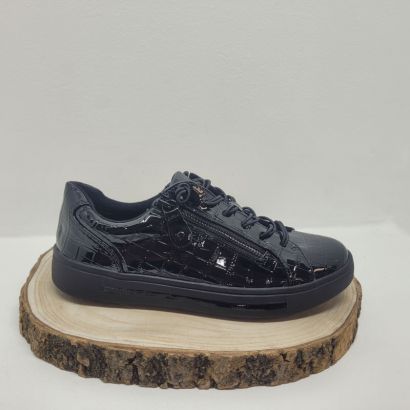 Basket plate noir vernis croco zip et lacet semelle noir Jana