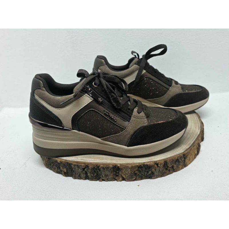 Basket compensée marron et beige avec zip semelle beige Tamaris 