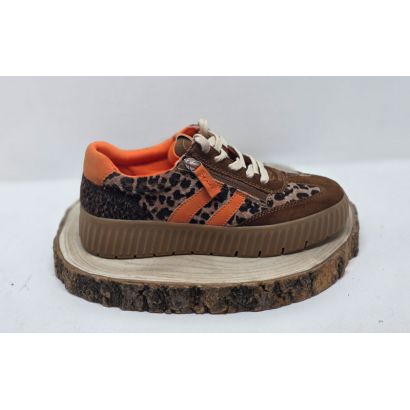Basket marron imprimé léopard avec zip et bande orange Jana