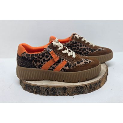 Basket marron imprimé léopard avec zip et bande orange Jana