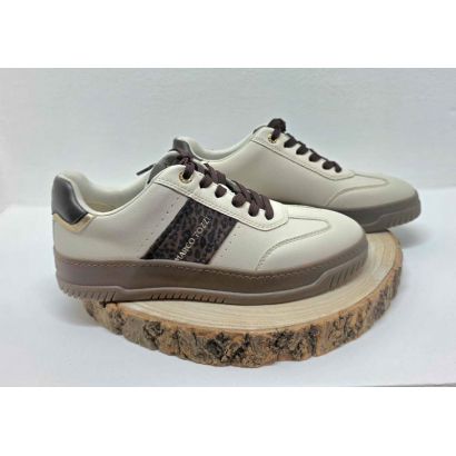 Basket plate beige avec bande léopard et lacet marron contrefort marron semelle beige Marco Tozzi