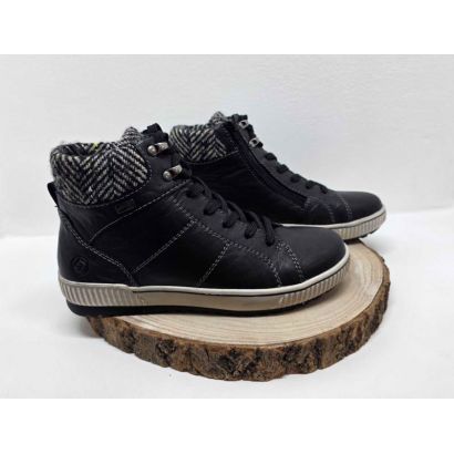 Bottine Noir plate semelle blanche liseré Noir zip et col rayé Noir et blanc Remonte