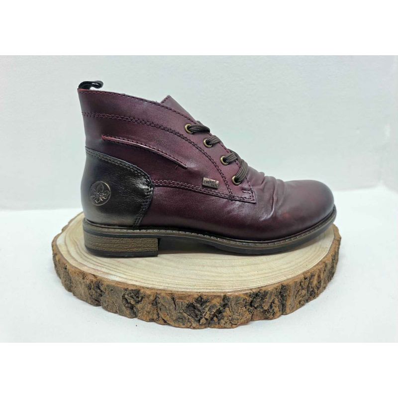 Bottine bordeaux plate à lacets plissé sur l'avant tex avec zip Rieker