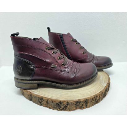 Bottine bordeaux plate à lacets plissé sur l'avant tex avec zip Rieker