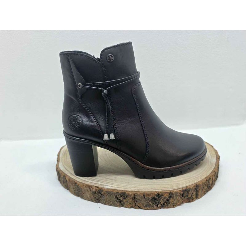 Bottine à talon haut Noir avec zip et decor cordelettes sur le côté Rieker