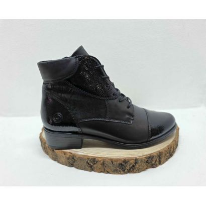 Bottine plate Noir à lacets et zip bout vernis fantaisie imprimé et vernis sur le côté Remonte