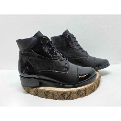 Bottine plate Noir à lacets et zip bout vernis fantaisie imprimé et vernis sur le côté Remonte